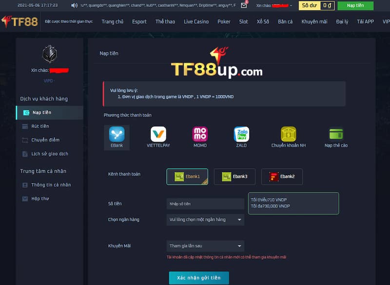 Gửi tiền TF88 nhanh chóng, bảo mật và thành công tuyệt đối